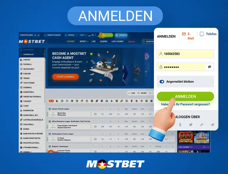 Geben Sie Ihre Mostbet-Kontodaten ein und klicken Sie auf „Anmelden“, Schritt 2