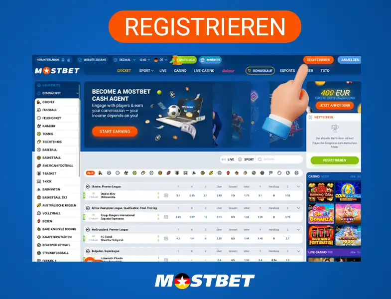 Gehen Sie auf die offizielle Mostbet-Website und klicken Sie auf die Schaltfläche Registrieren, Schritt 1