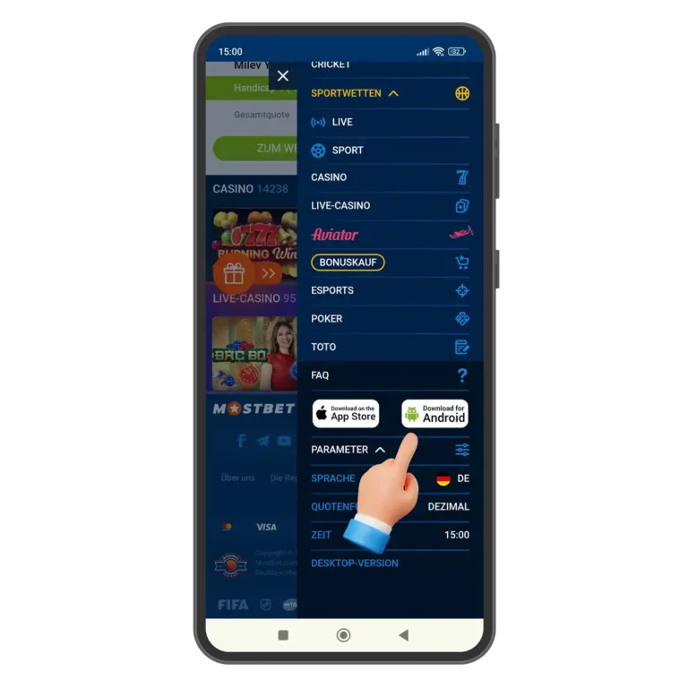 Gehen Sie auf der offiziellen Mostbet-Website auf das rechte Menü und klicken Sie auf das Android-Symbol, Schritt 1